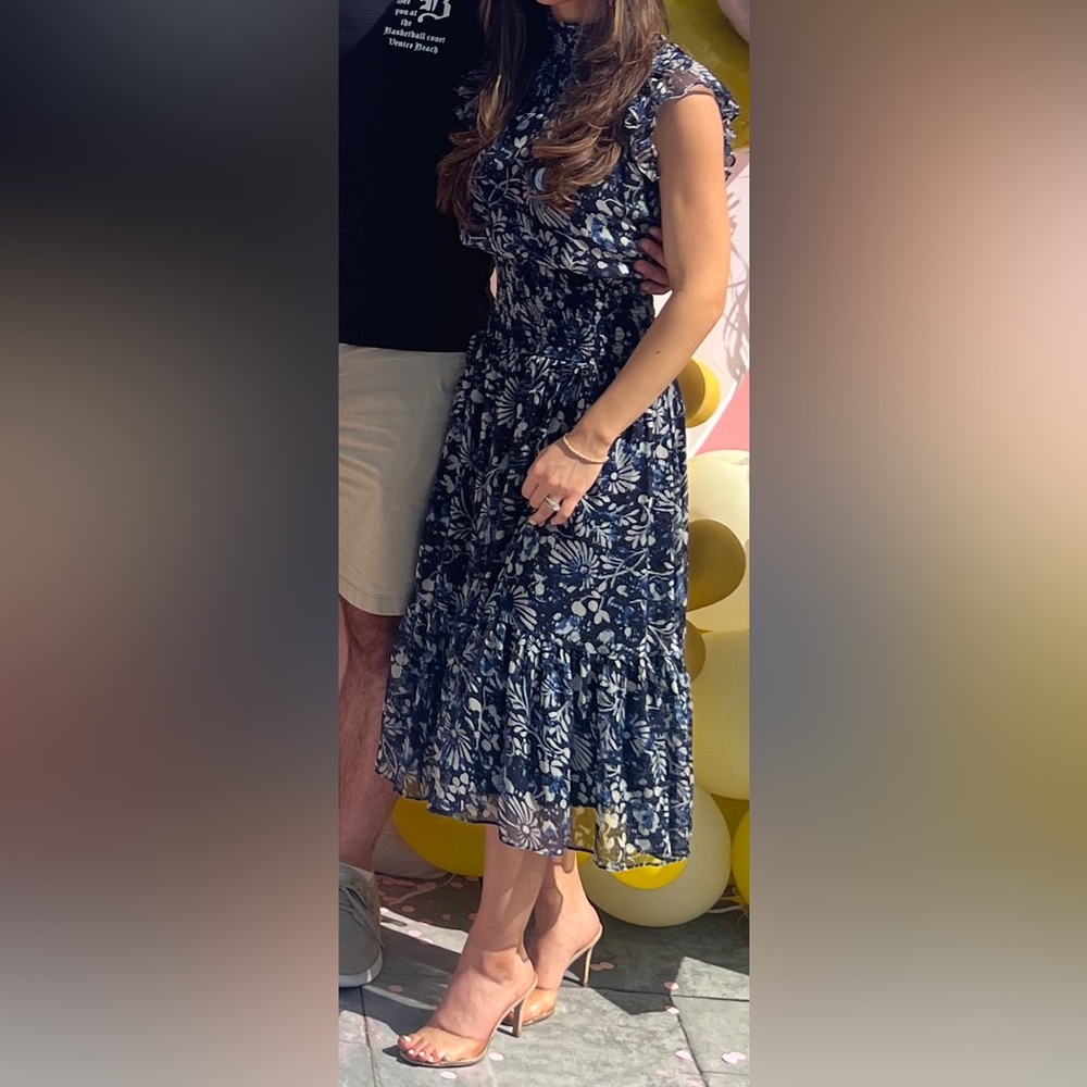 Aqua midi Floral Dress in Navy and White